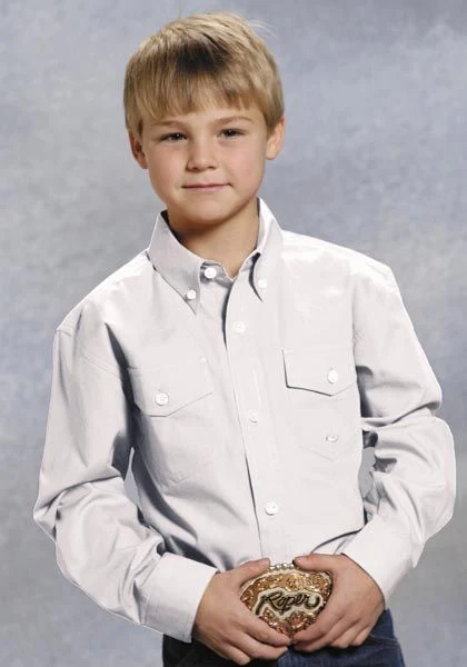 Boys Solid Poplin LS Variegated Button Shirt L Wht - Image 5