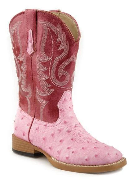 Roper Kids Ostrich Print Sq Toe Boots 1 Pnk - Image 3