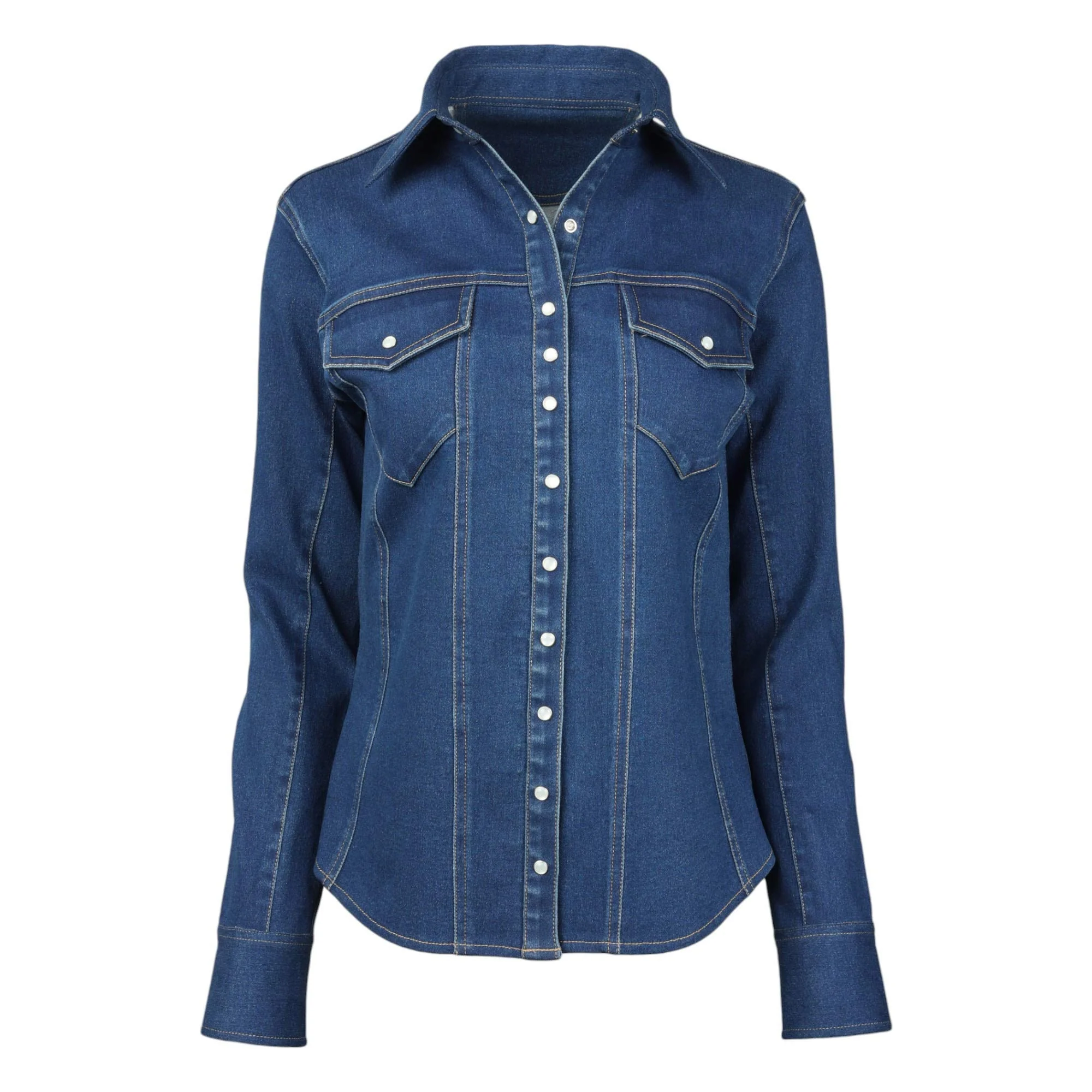 TuffRider Stone Washed Western Stretch Denim Shirt With Pearl Snaps